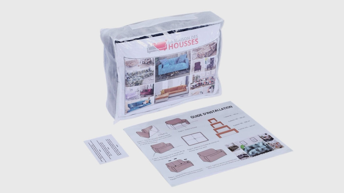 Pack complet d'installation de housses de canapé La Maison des Housses - Inclut guide d'installation, accessoires et sac de rangement pour une pose facile et rapide. Transformez votre canapé avec un ajustement parfait et un entretien simplifié.