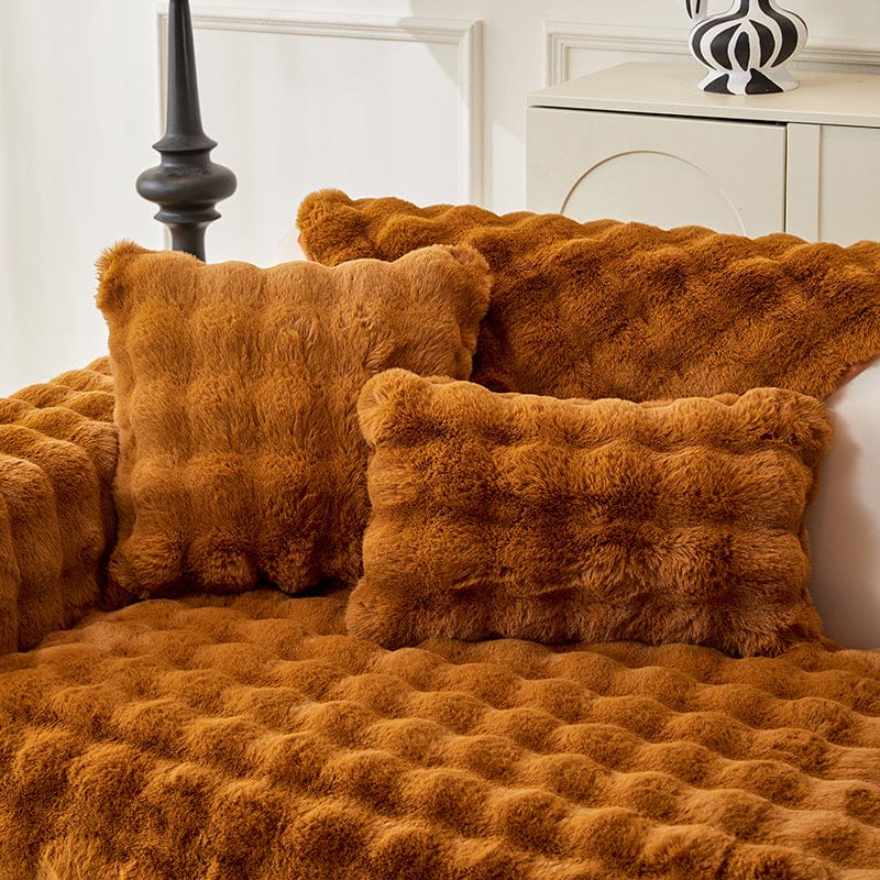 Housse coussin Marron Caramel - 1 pièce - Housses de coussin Luxe en Fausse Fourrure Molletonnée La Maison des Housses